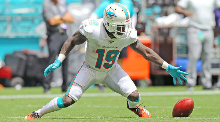 Dolphins‘ Jakeem Grant fumbles a punt in the second quarter against the Ravens.